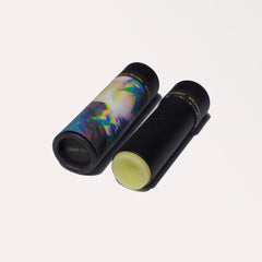 Lip balm tubes, black and patterned paper tubes, with visible lip balm, GarageCats brand