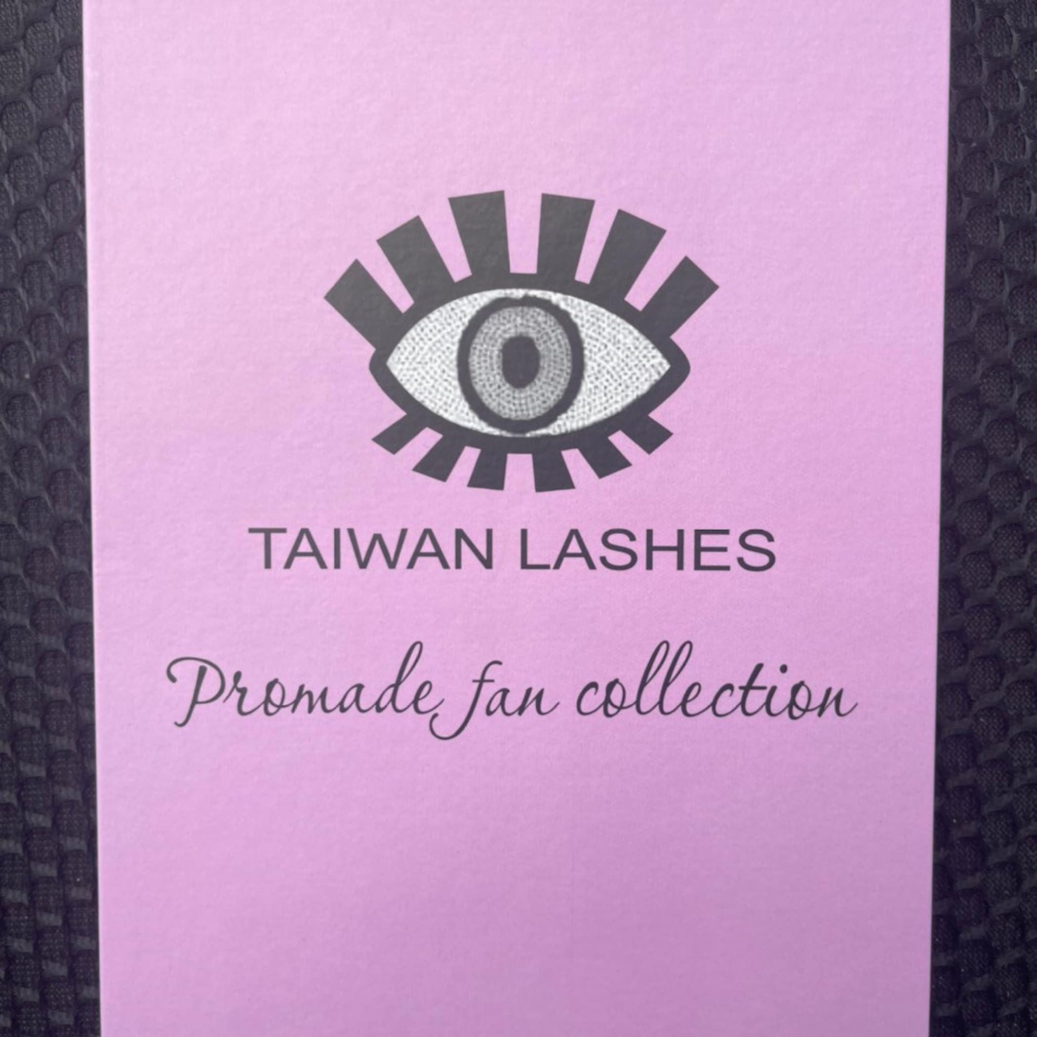 Taiwan Lashes packaging, pink card, black logo and text, "Promade fan collection