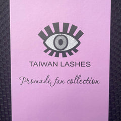 Taiwan Lashes packaging with pink background, black eye logo, and script text