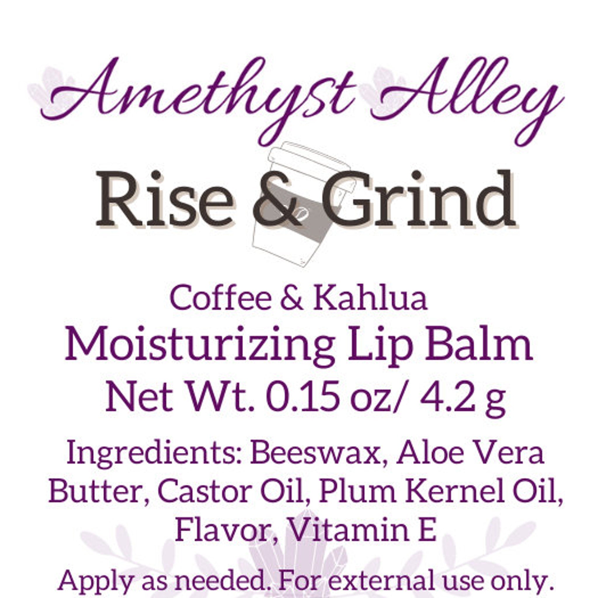 Lip balm with purple text, white background, and "Amethyst Alley" brand name visible.
