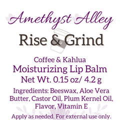 Lip balm with purple text, white background, and "Amethyst Alley" brand name visible.