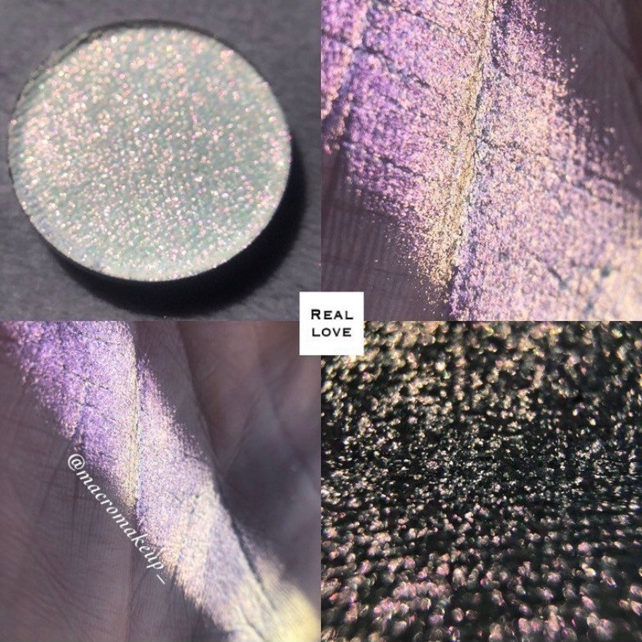 Close-up of shimmering bronze and taupe eyeshadow pans with embossed logo in sleek black palette