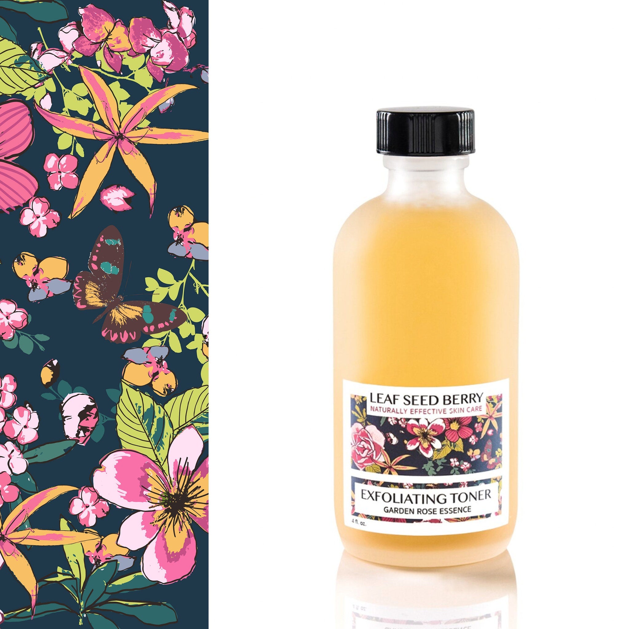 Facial toner bottle with yellow liquid, black cap, and Leaf Seed Berry label
