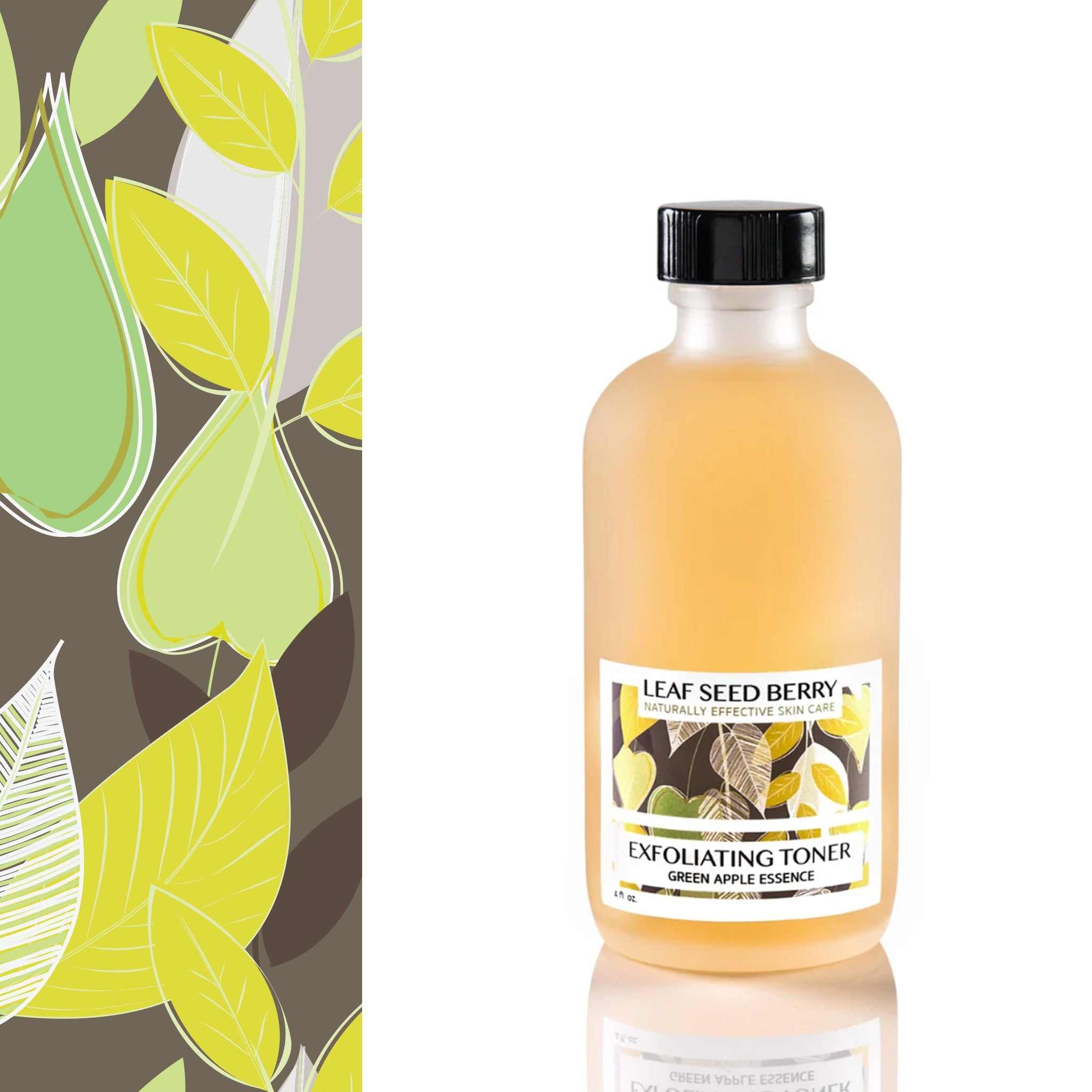 Exfoliating toner bottle with black cap, clear liquid, and white label with text and Leaf Seed Berry branding