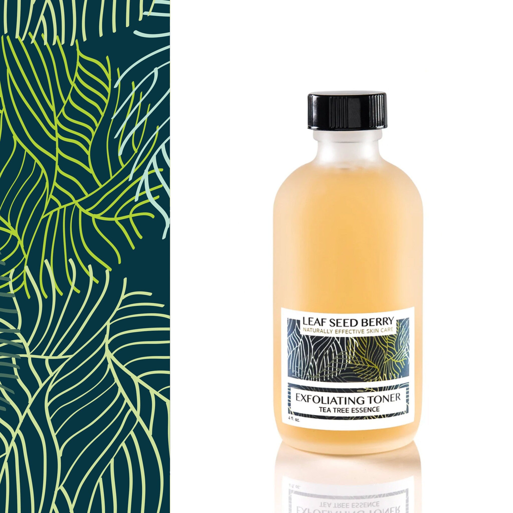 Exfoliating toner bottle with black cap, clear glass, and yellow liquid, with Leaf Seed Berry label