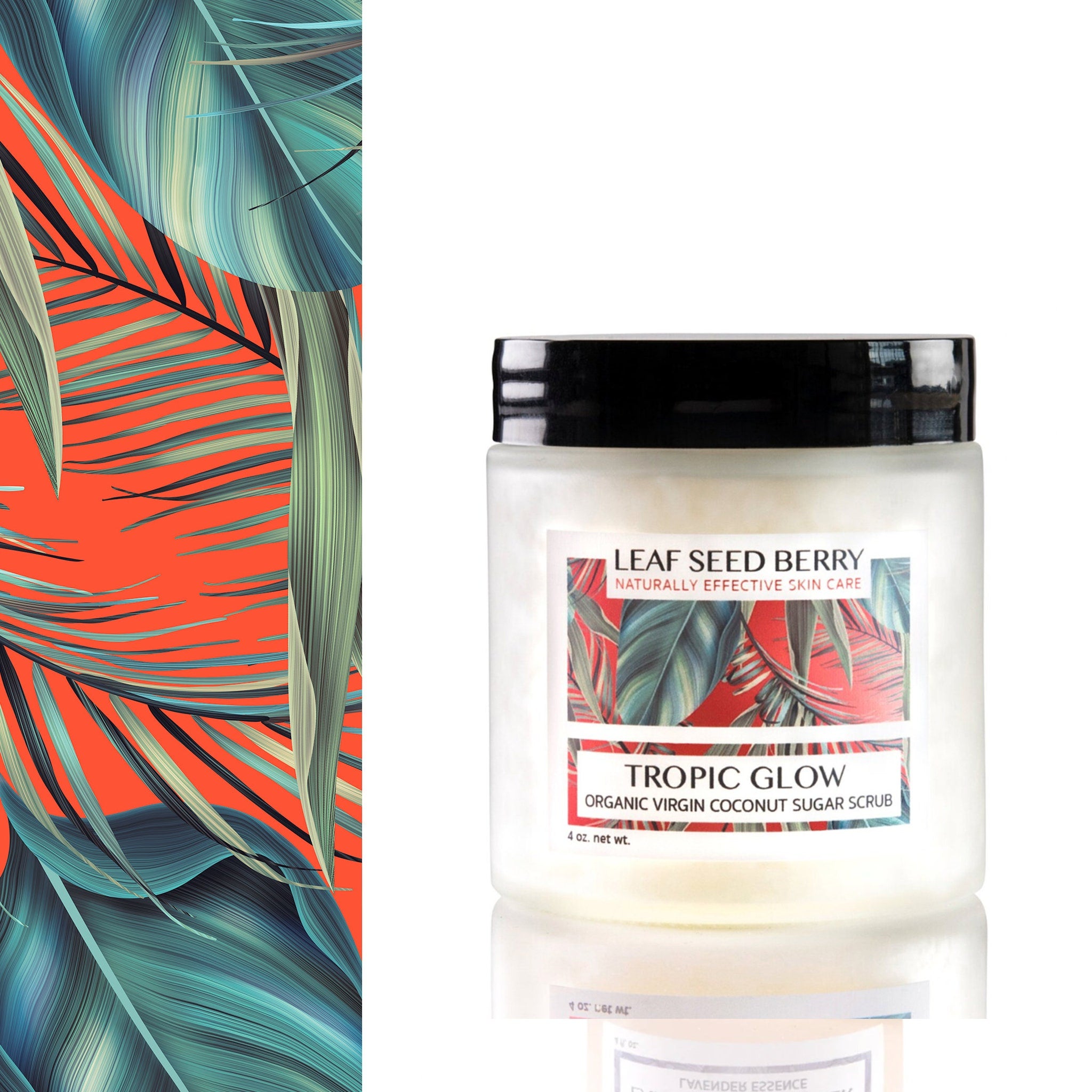 Coconut sugar scrub in white jar with black lid, Leaf Seed Berry label, and tropical background