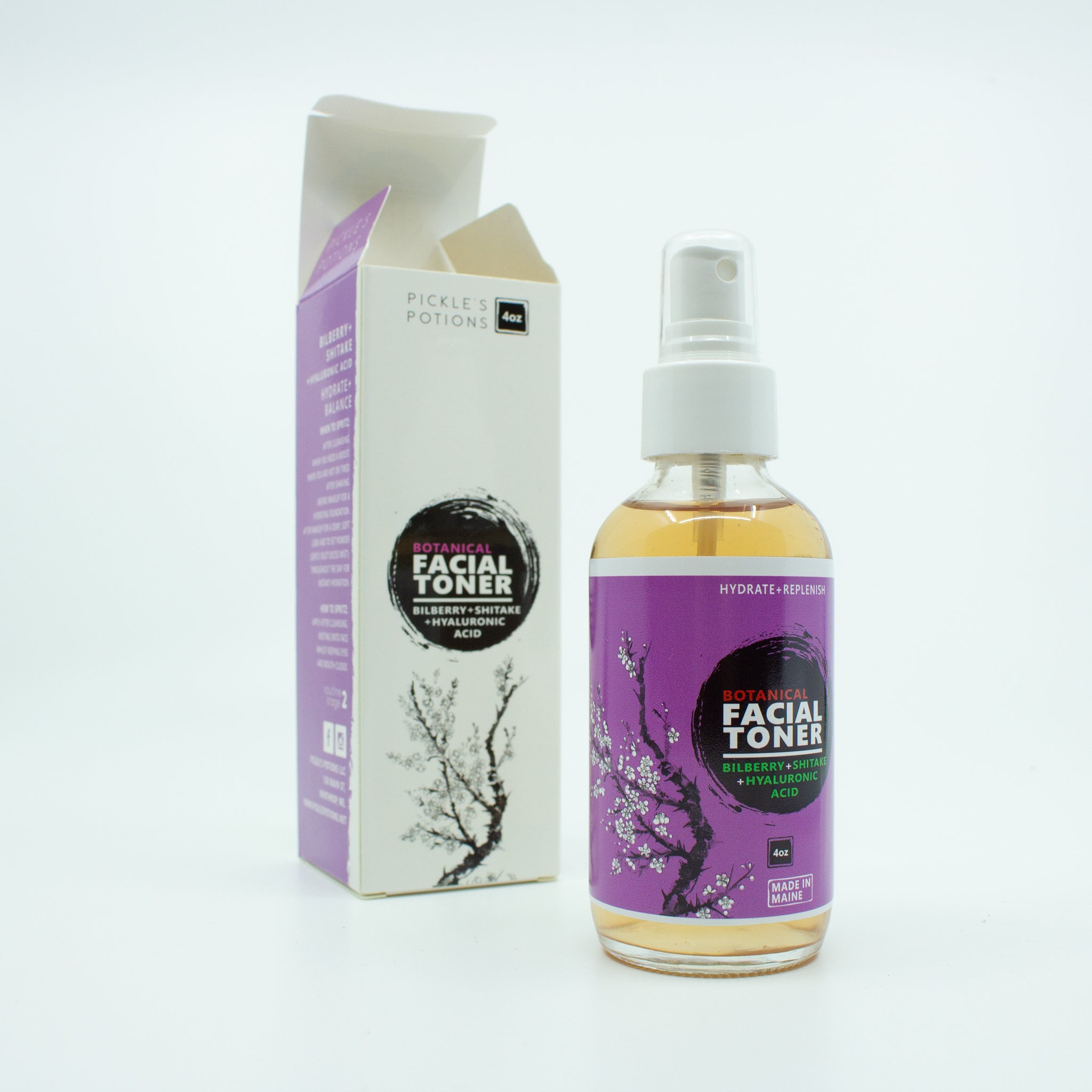 Facial toner bottle with purple label, white floral pattern, and clear liquid, Pickle's Potions brand