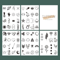 Close-up of 77-piece mini tattoo set with 1.2cm designs arranged on skincare-friendly adhesive sheets