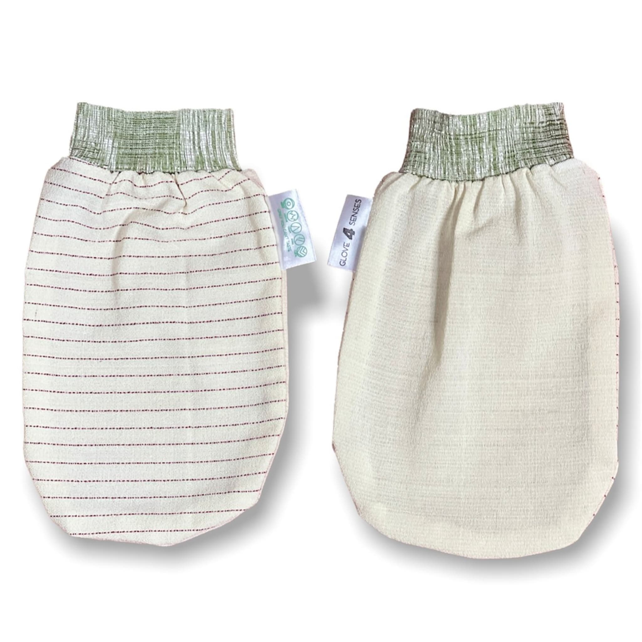 Exfoliating gloves, cream fabric with horizontal red stripes and solid, green elastic cuffs, Glove 4 Senses label