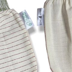 Textile fabric with red dotted stripe pattern, white background, "GLOVE 4 SENSES" label visible