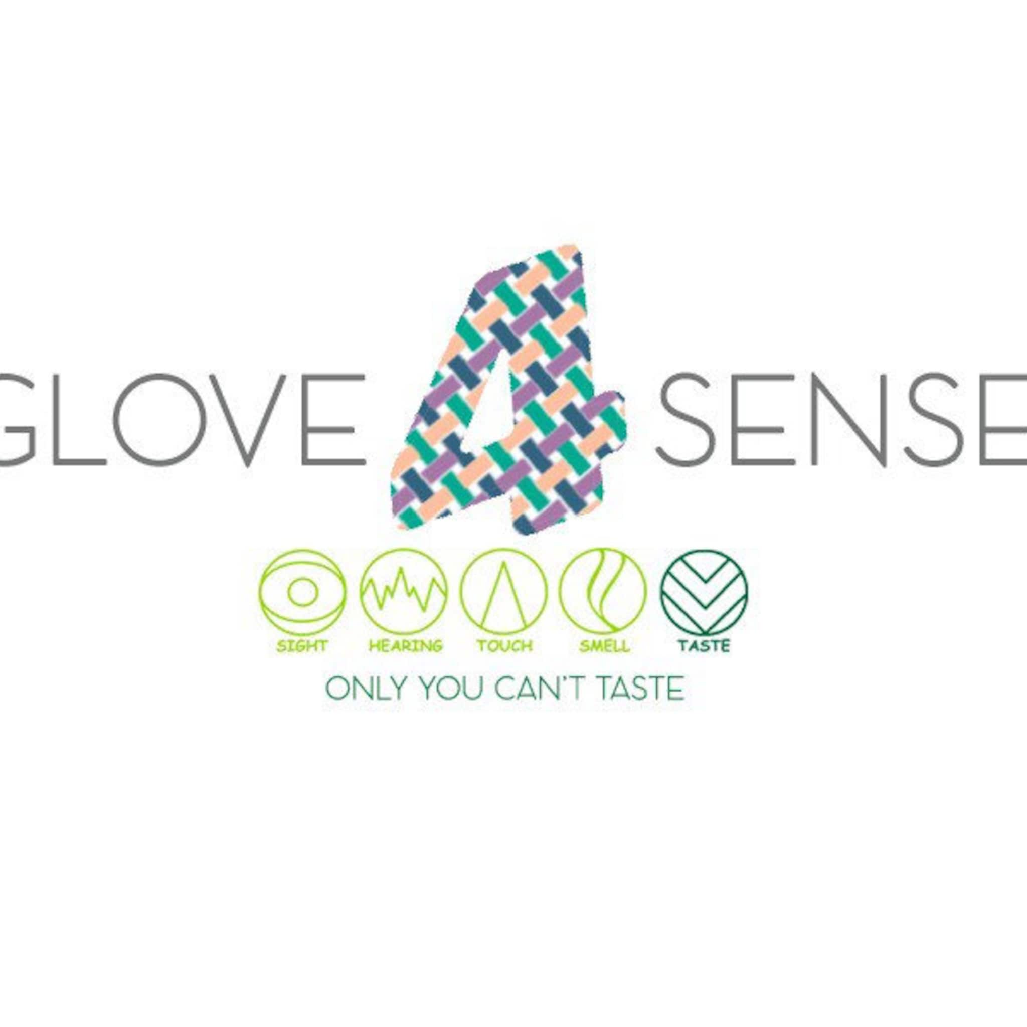 Sense logo with colorful woven pattern, text and green icons representing senses