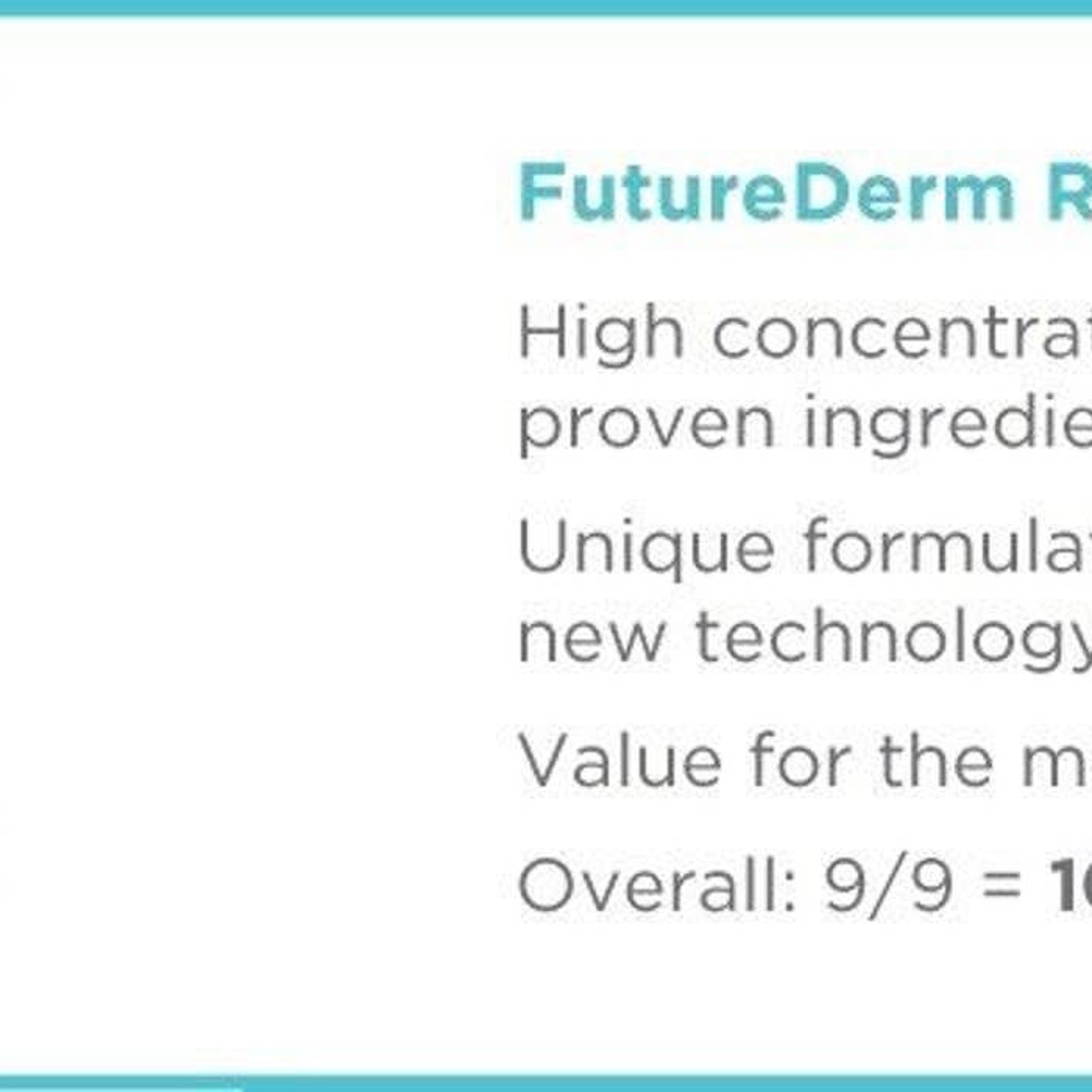 FutureDerm text, teal and gray text on white background, product information displayed