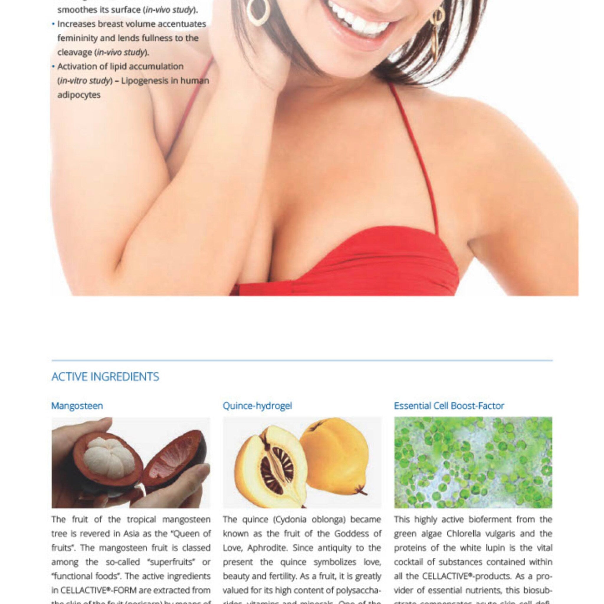 Woman wearing red top, smiling, with visible cleavage and gold earring, showing skin