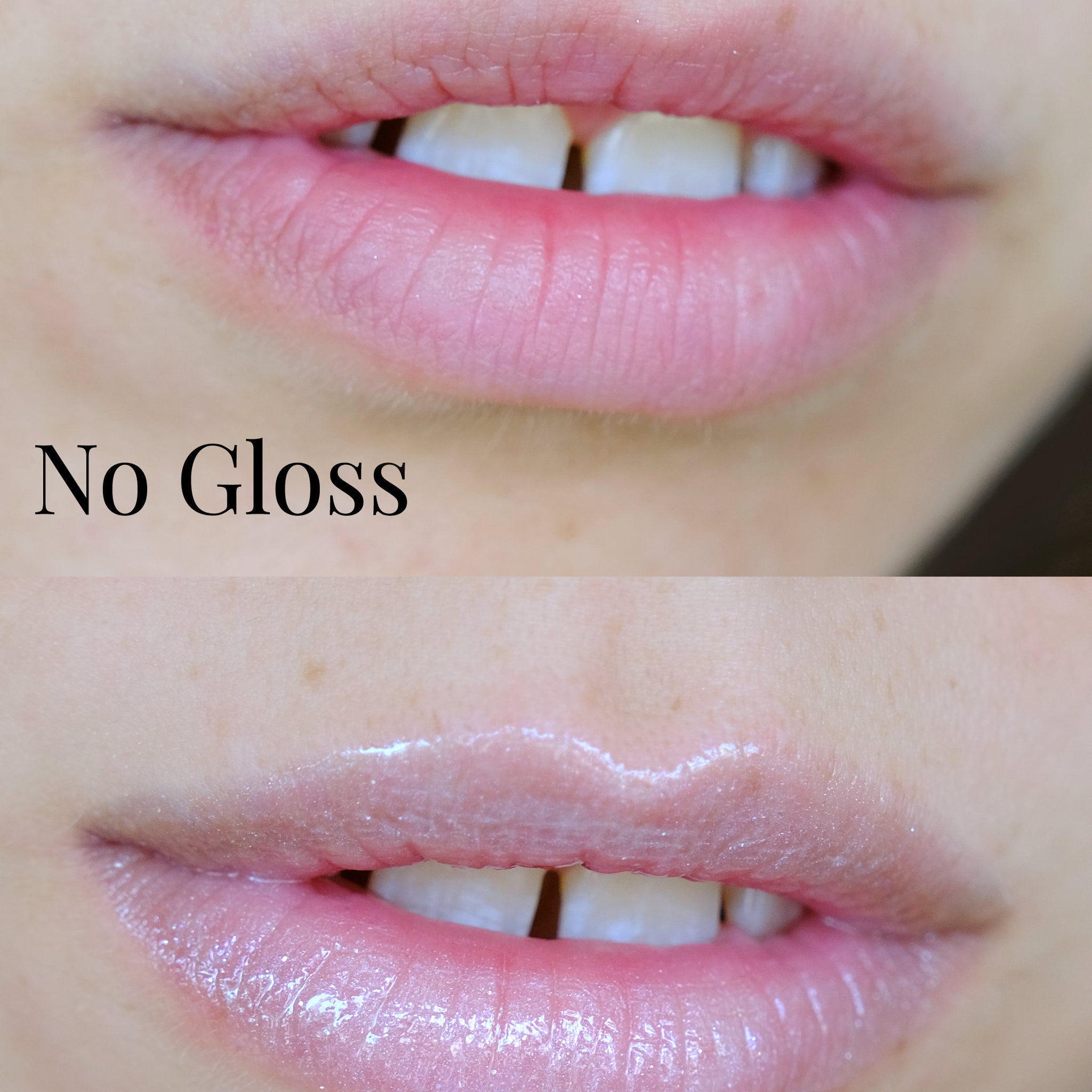Lip gloss comparison showing pink lips with and without gloss application