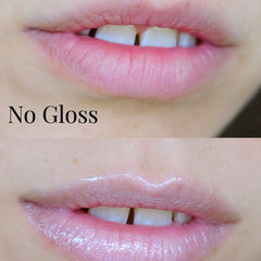 Lip gloss comparison showing pink lips with and without gloss application