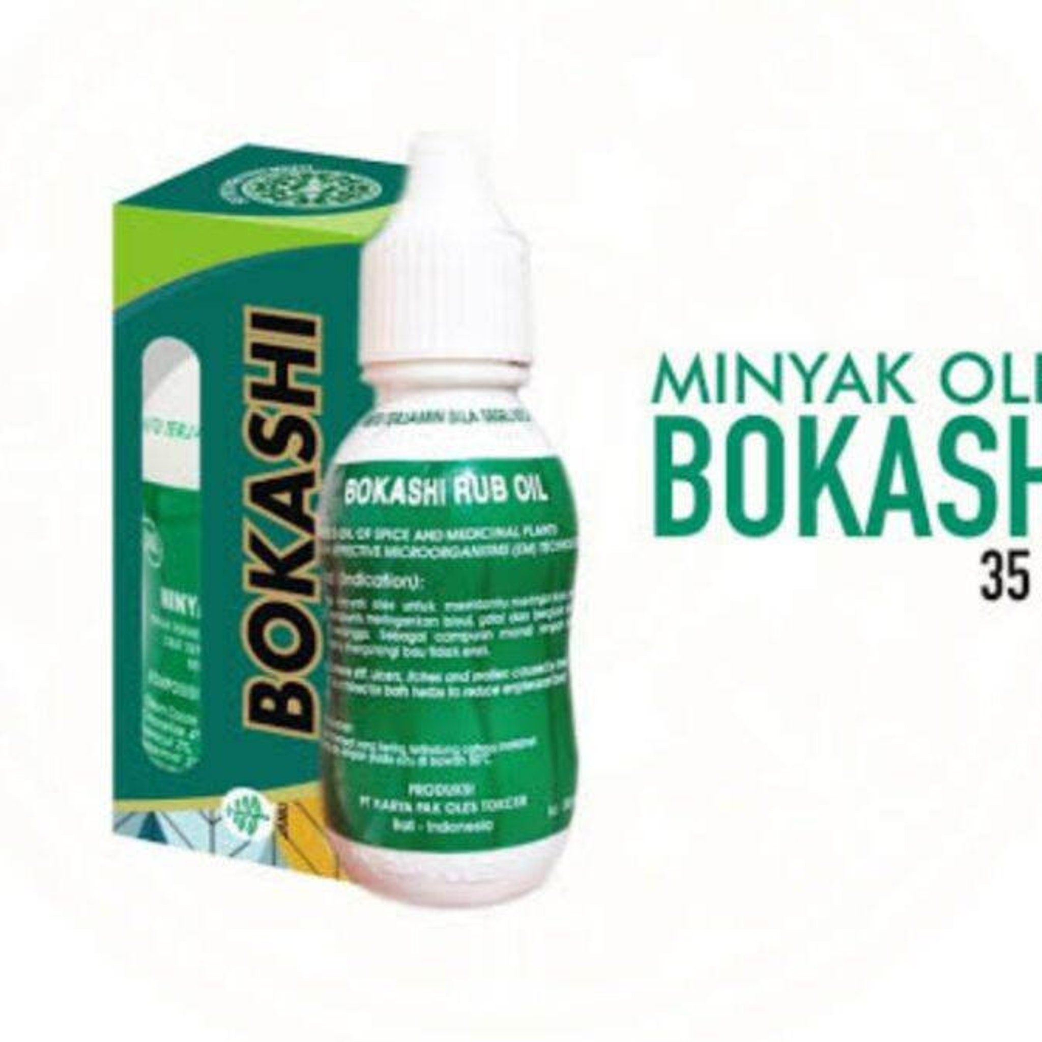 Bokashi rub oil bottle with green label and white cap, Bokashi brand visible