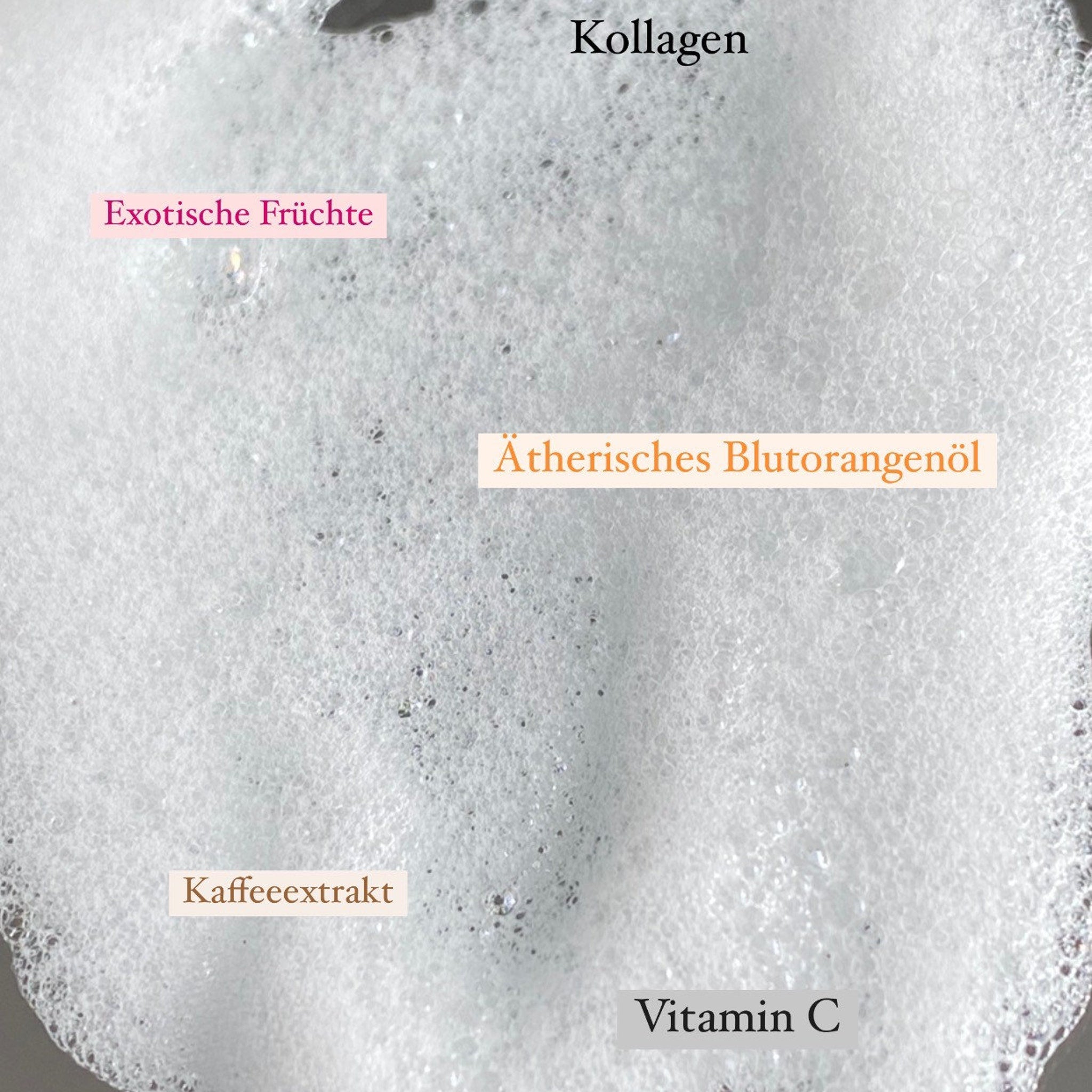 White foamy bubbles with text labels "Exotische Früchte", "Kaffeeextrakt", and "Vitamin C