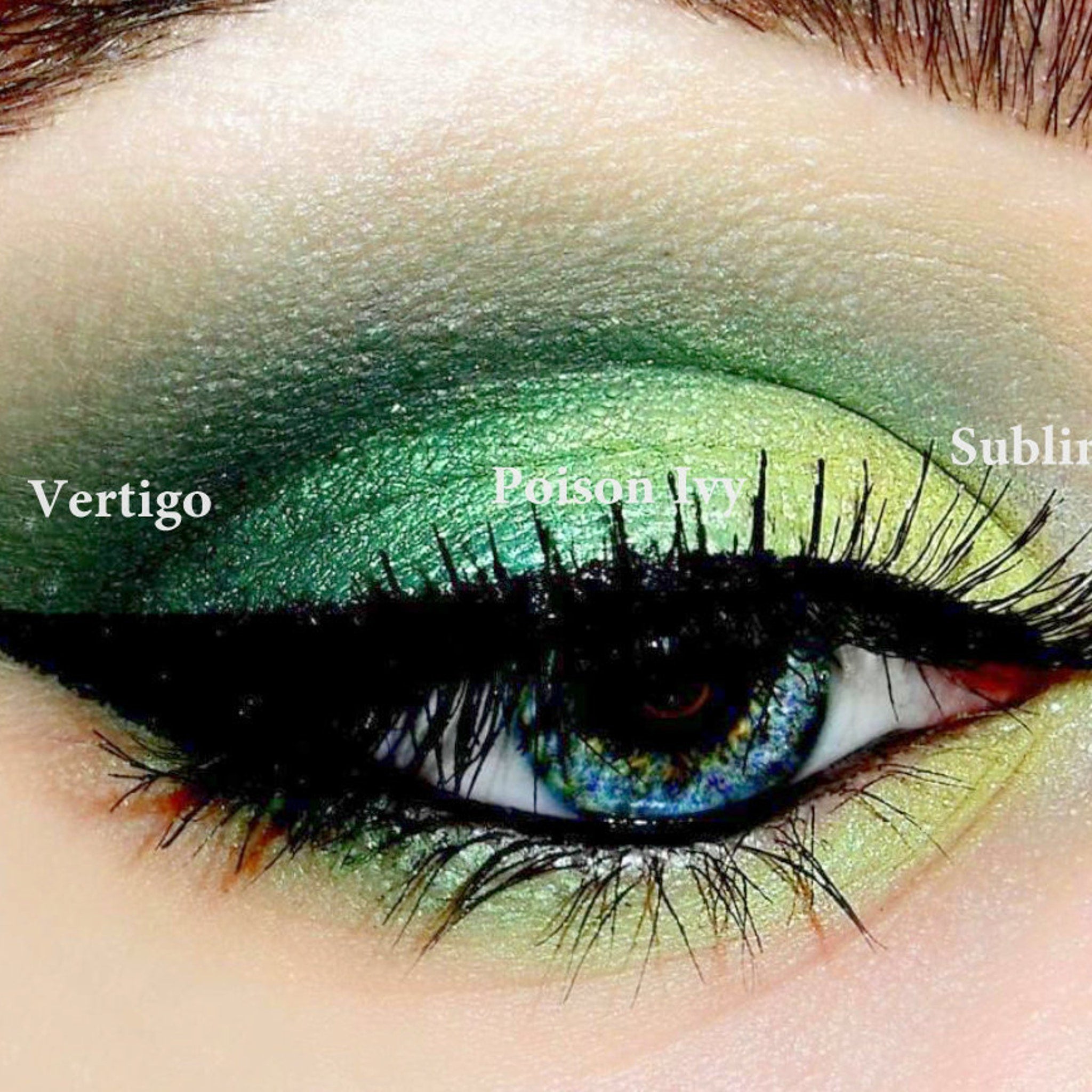 Close-up of vibrant lime green eyeshadow pan showing finely milled, shimmery powder texture