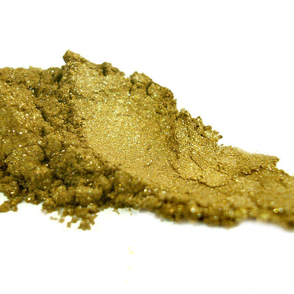 Close-up of Mineral Pigment Eye Shadow in a compact case with shimmering bronze powder and embossed logo