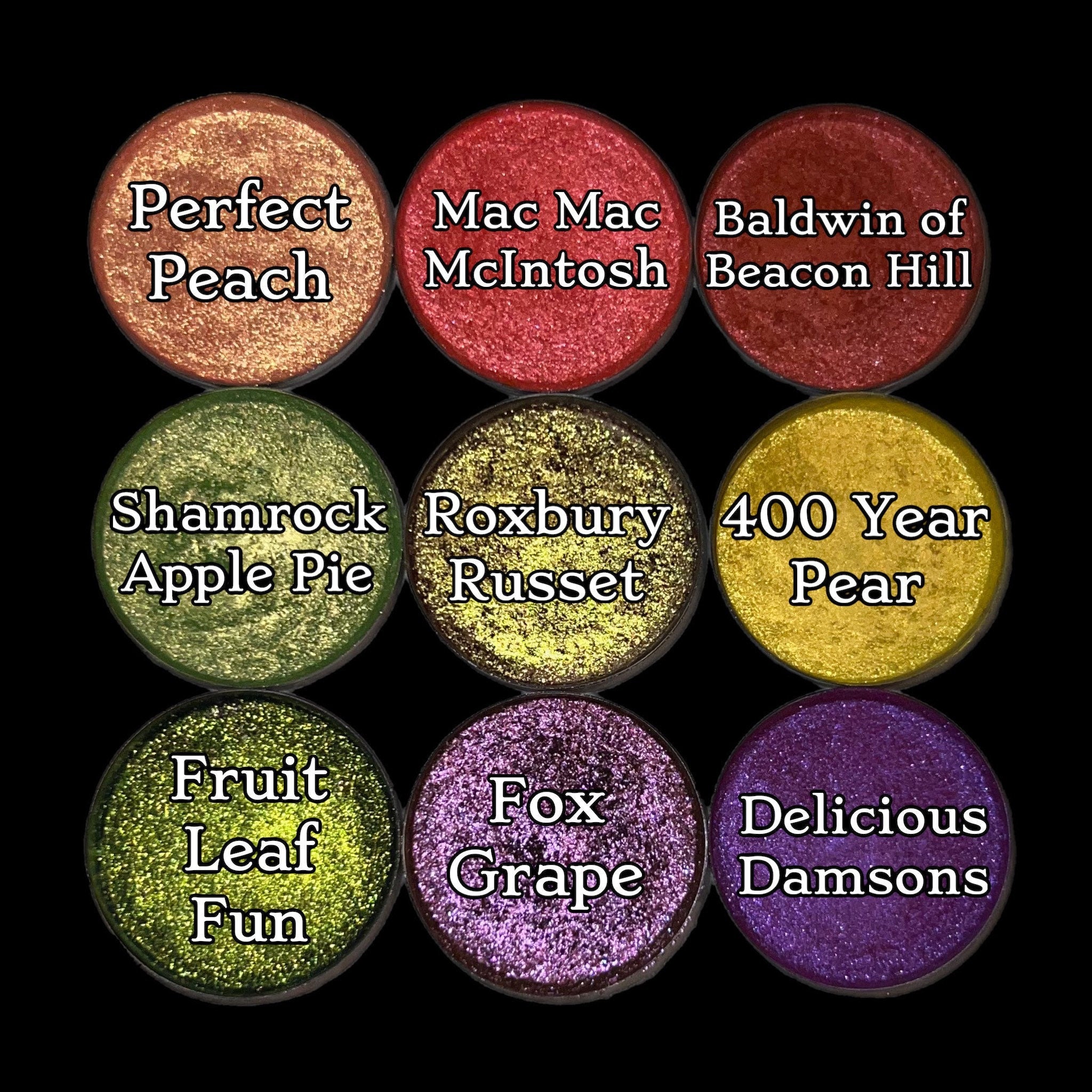 Eyeshadow singles, various shimmer shades, Fruit Moon brand, circular pans