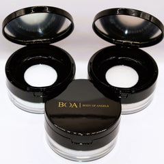Finishing powder compacts, black plastic with mirror, white powder and BOA Body of Angels logo