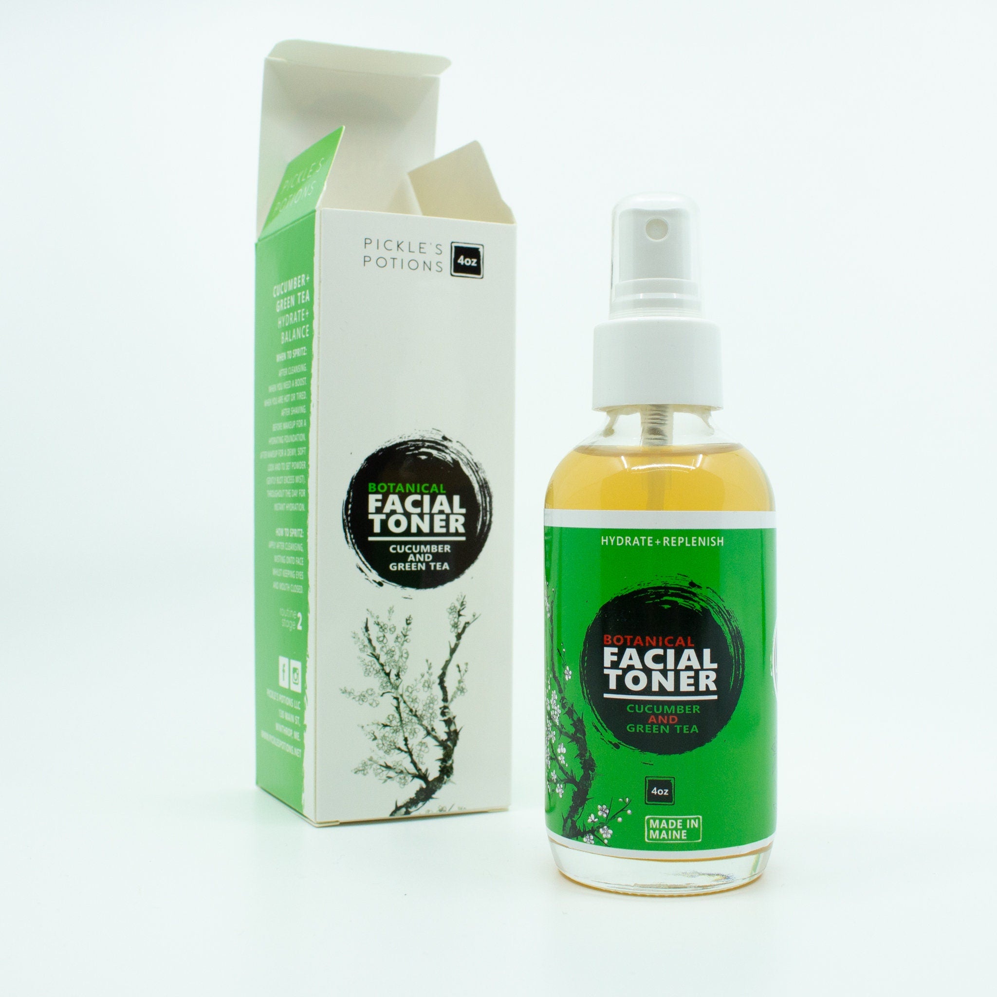 Facial toner bottle with green label and white spray top, next to box with text "Pickle's Potions" and floral design.