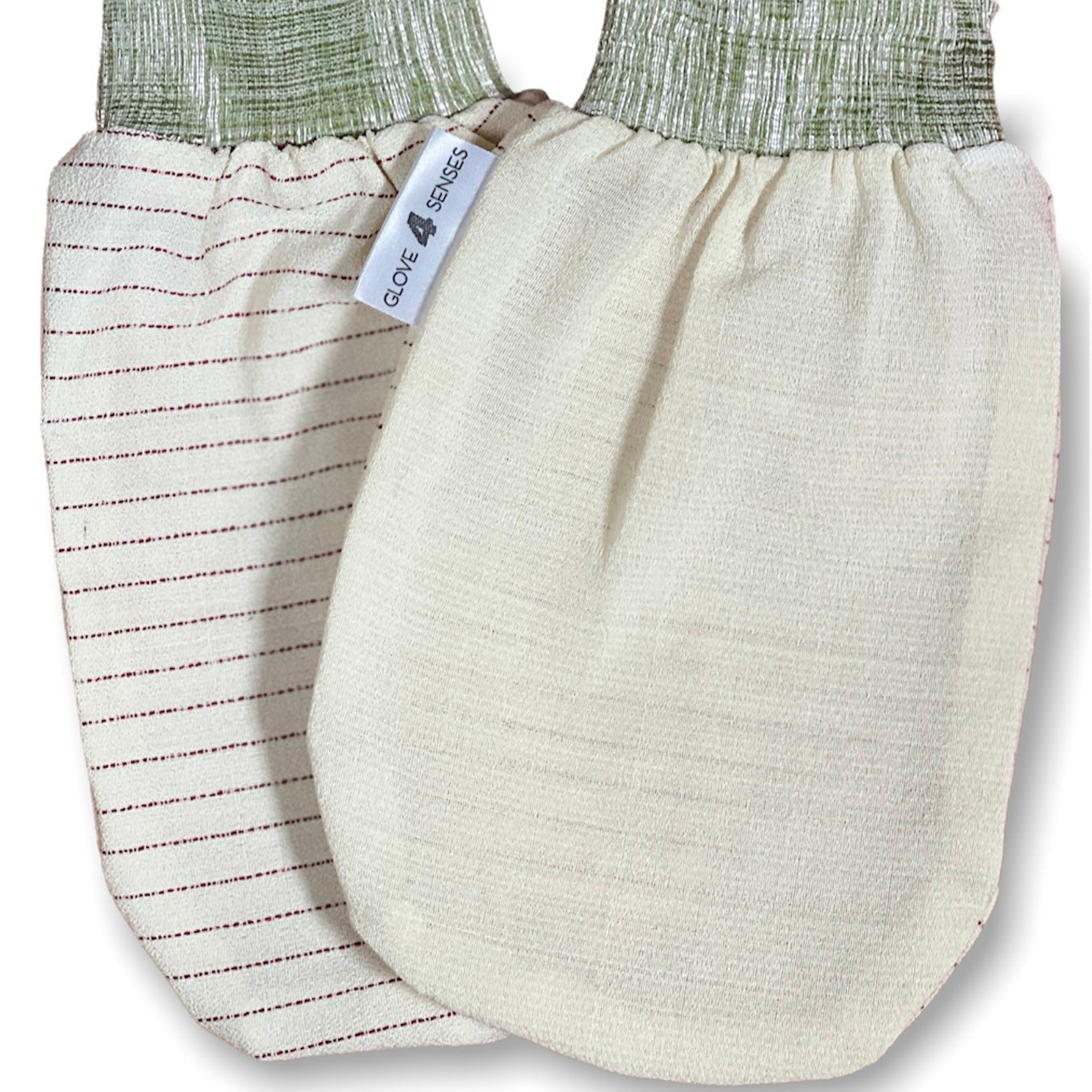 Glove 4 Senses, off-white fabric with red stripe pattern and green trim, for exfoliation