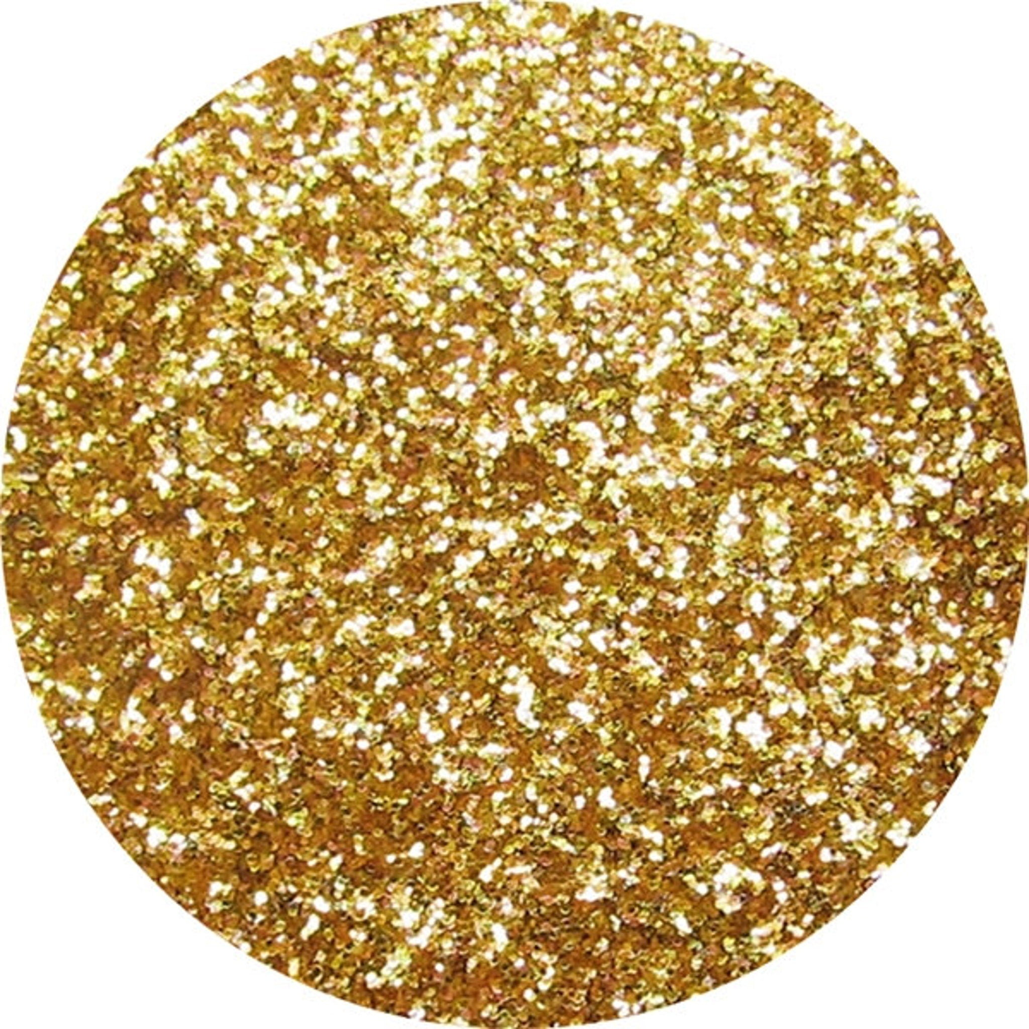 Golden glitter pressed eyeshadow in circular compact with reflective chrome packaging, showcasing high-shine finish.