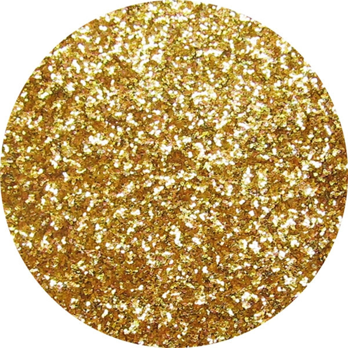 Golden glitter pressed eyeshadow in circular compact with reflective chrome packaging, showcasing high-shine finish.