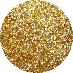 Golden glitter pressed eyeshadow in circular compact with reflective chrome packaging, showcasing high-shine finish.