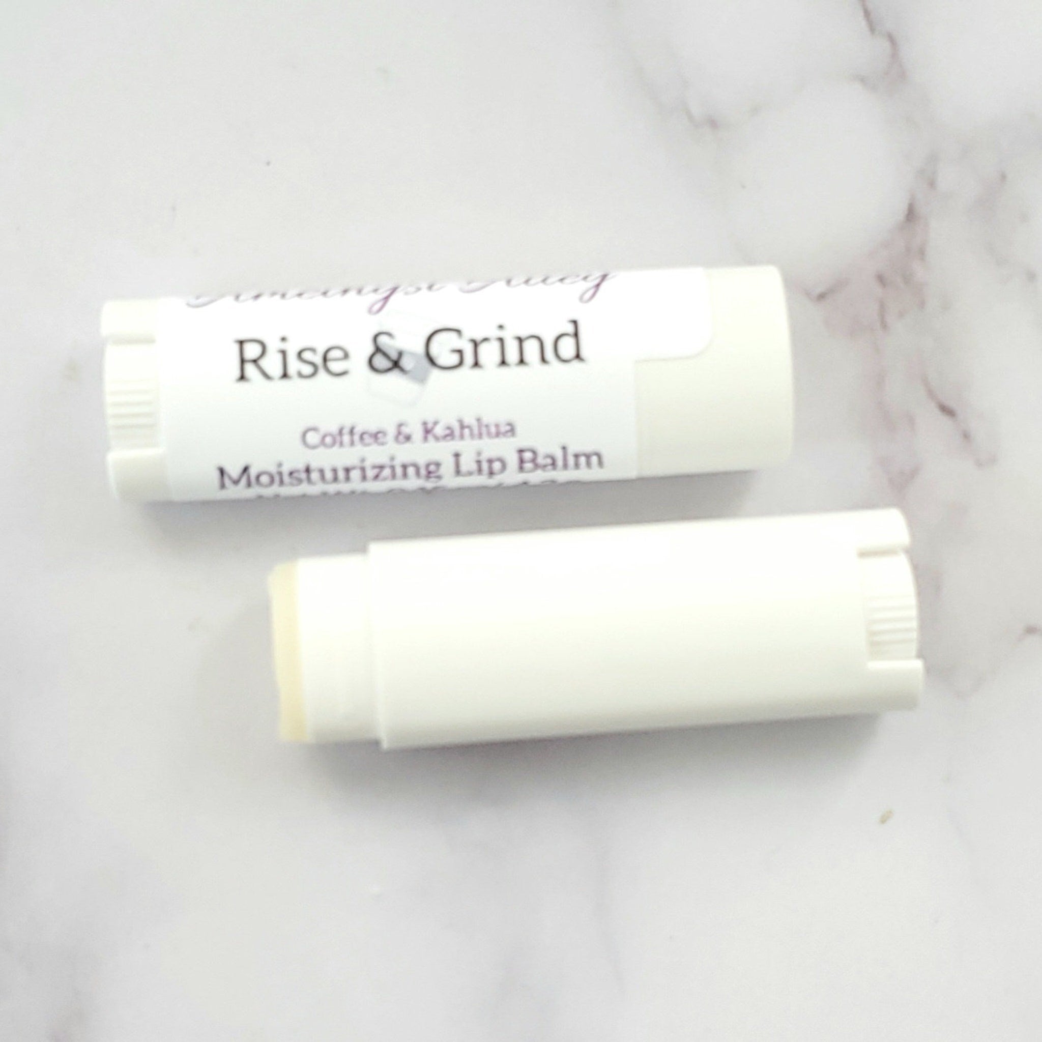 Lip balm tubes, white plastic, "Rise & Grind" text, Coffee & Kahlua moisturizing balm