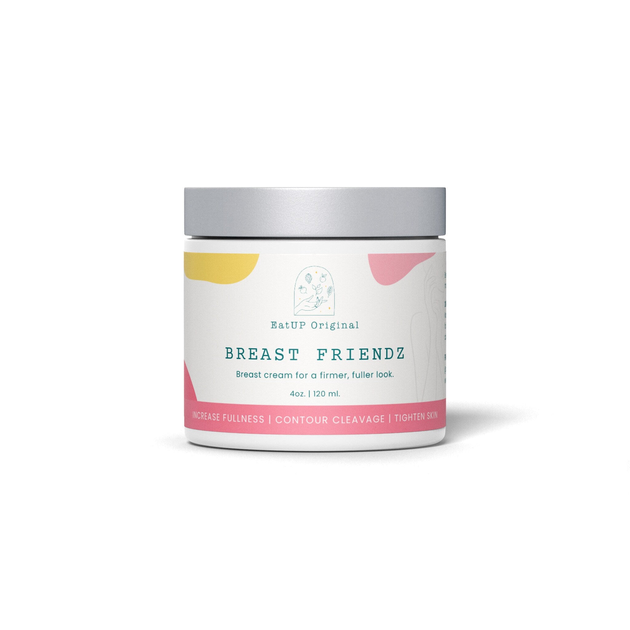 Breast cream jar with silver lid, white label, and EatUP Original text, for breast care