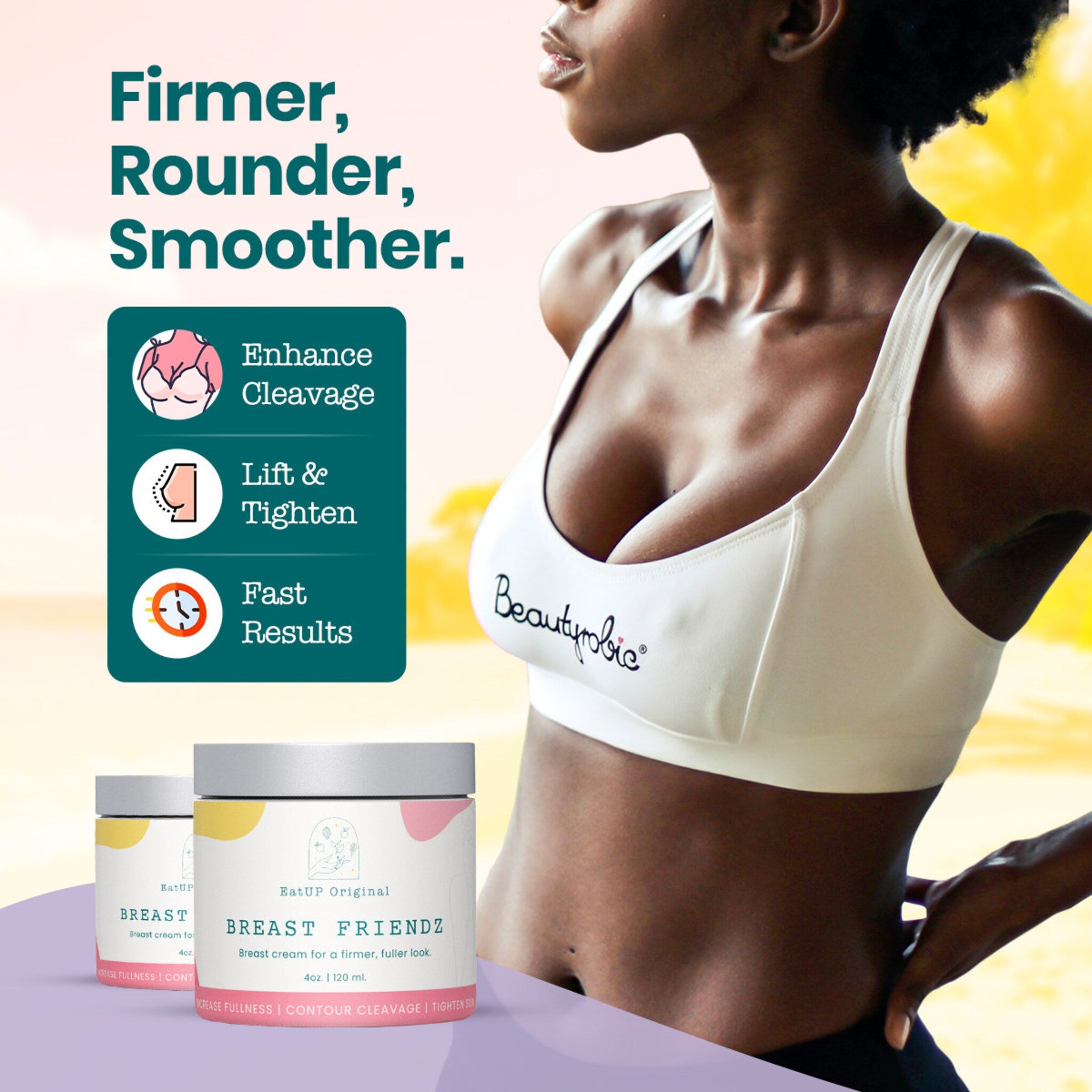 Breast cream with white sports bra, woman in image, EatUP product in background