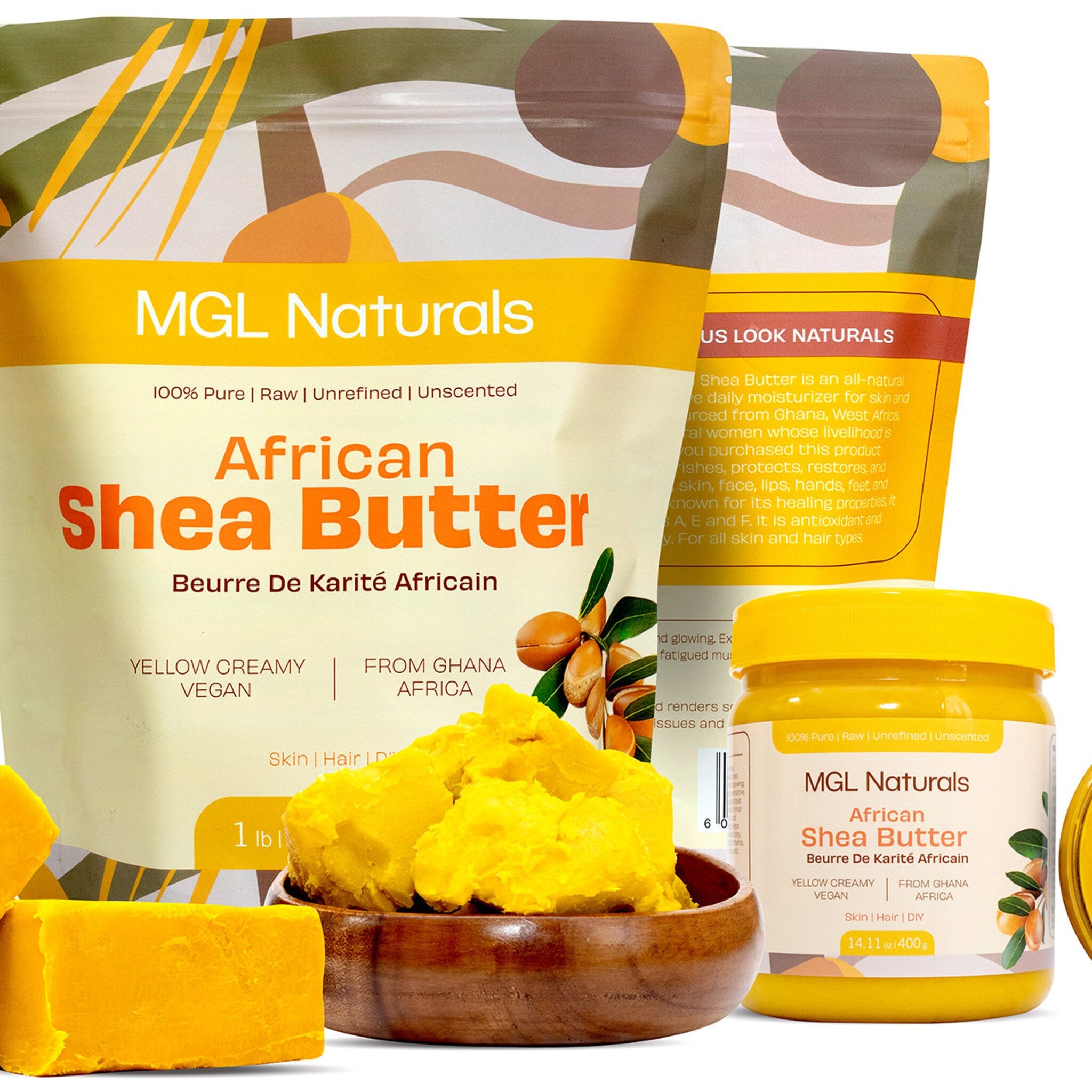 African shea butter, yellow creamy texture, wood bowl, MGL Naturals branding visible