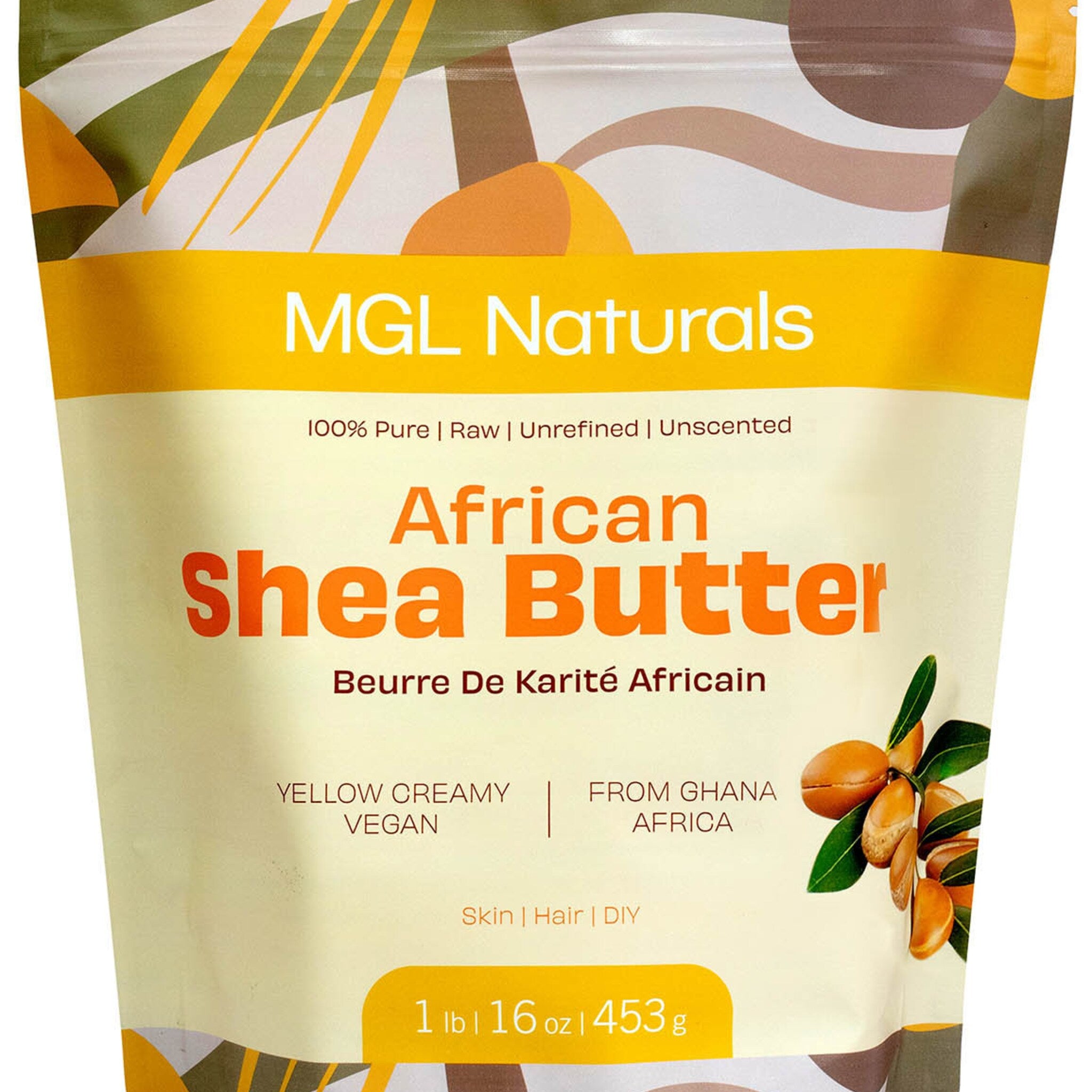 Shea butter bag with yellow and orange text, cream background, and MGL Naturals brand name