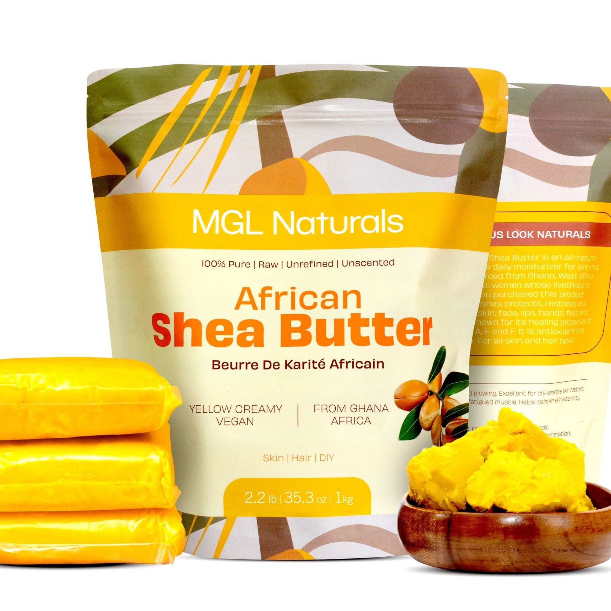 Shea butter product with MGL Naturals branding, yellow creamy texture, and wooden bowl display