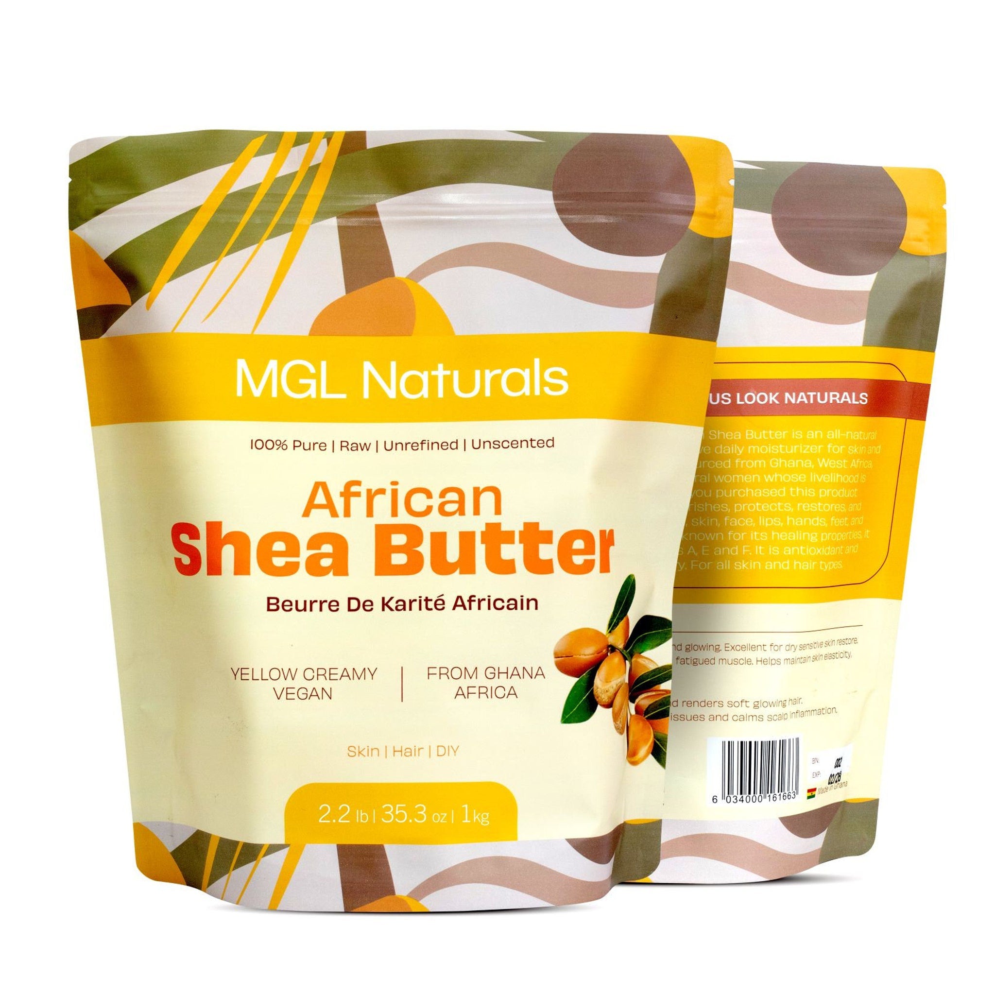 Shea butter bag with yellow, brown, and green pattern, MGL Naturals branding visible
