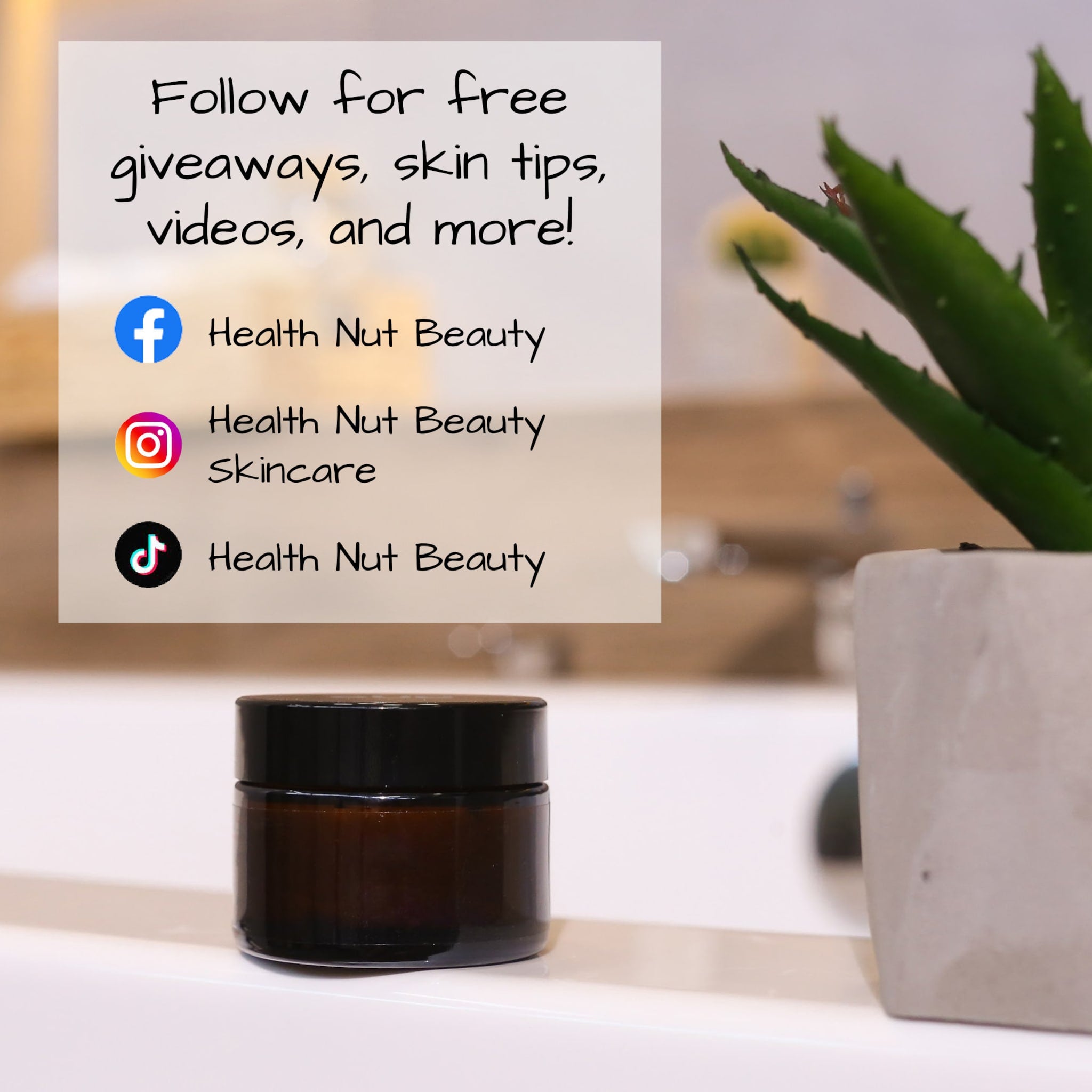 Skincare jar, amber glass, black lid, sitting on a white surface, Health Nut Beauty social media promotion