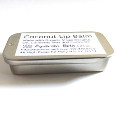 Coconut Lip Balm in silver metal tin with white label, Aquarian Bath branding visible
