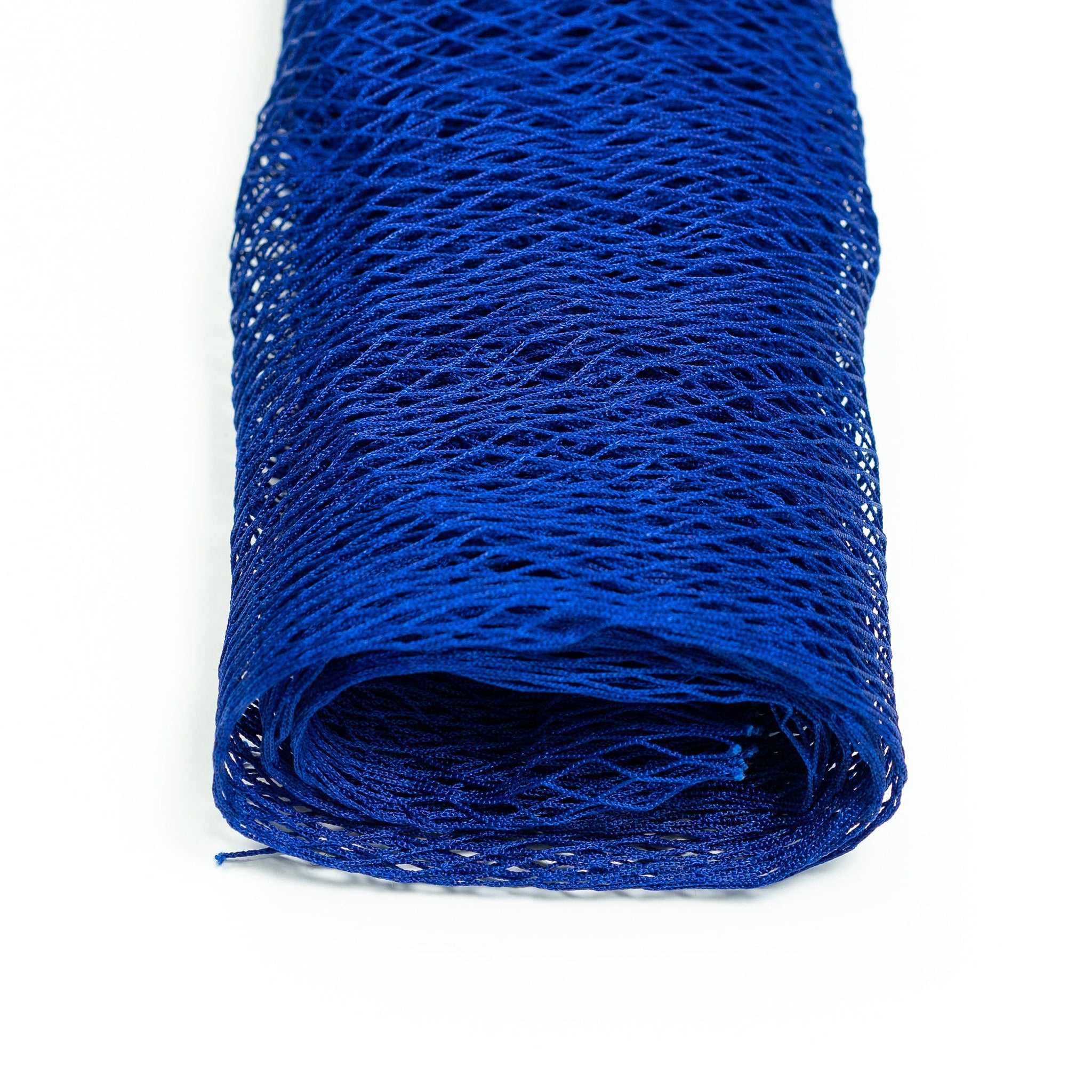 Blue netting material rolled up, with open weave pattern and visible texture