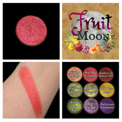 MAC Fruit Moon single eyeshadow in a soft peachy-pink shade with satin finish, shown in compact black case