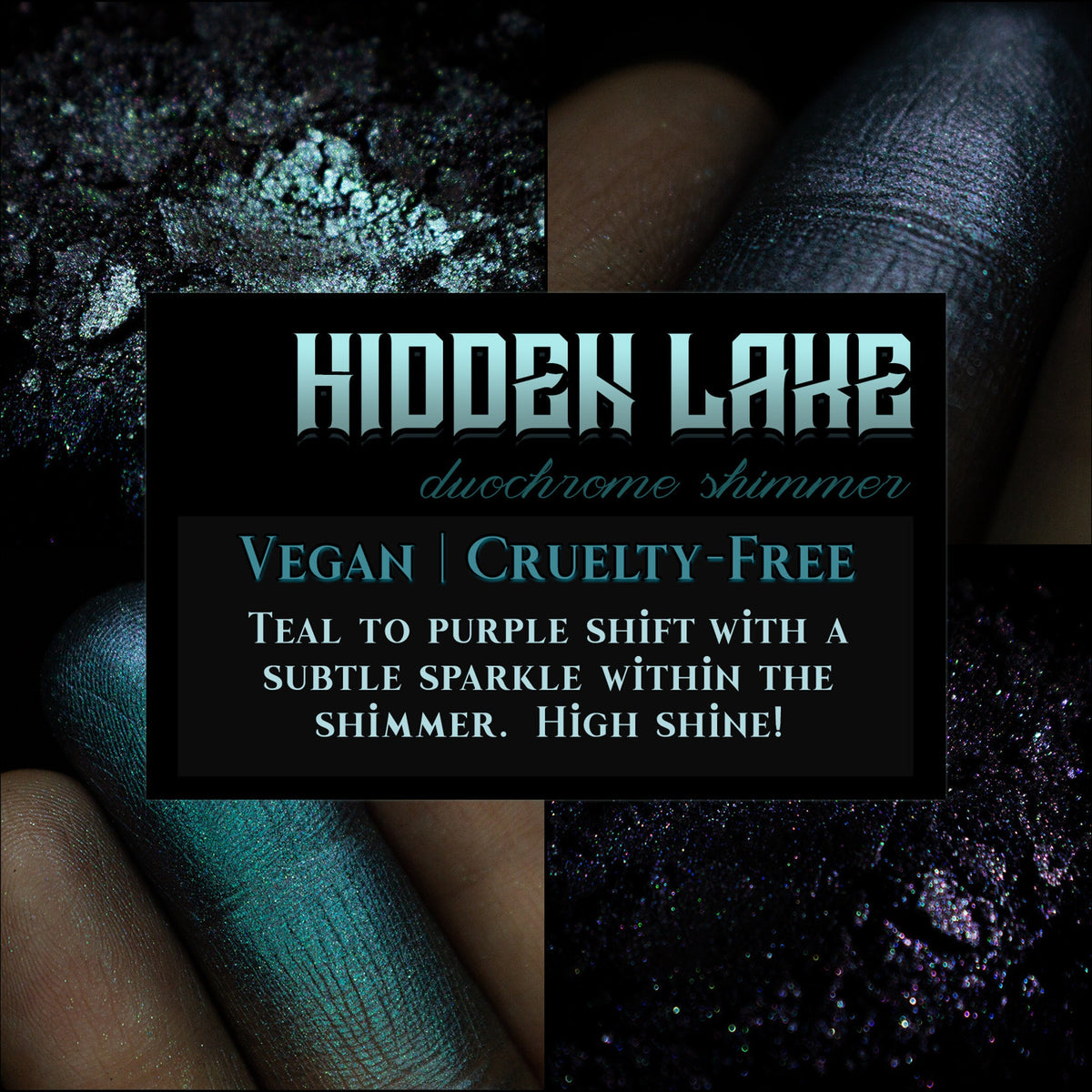 Grungy blue to purple duochrome eyeshadow pot with shimmer finish, showcasing color shift in compact.