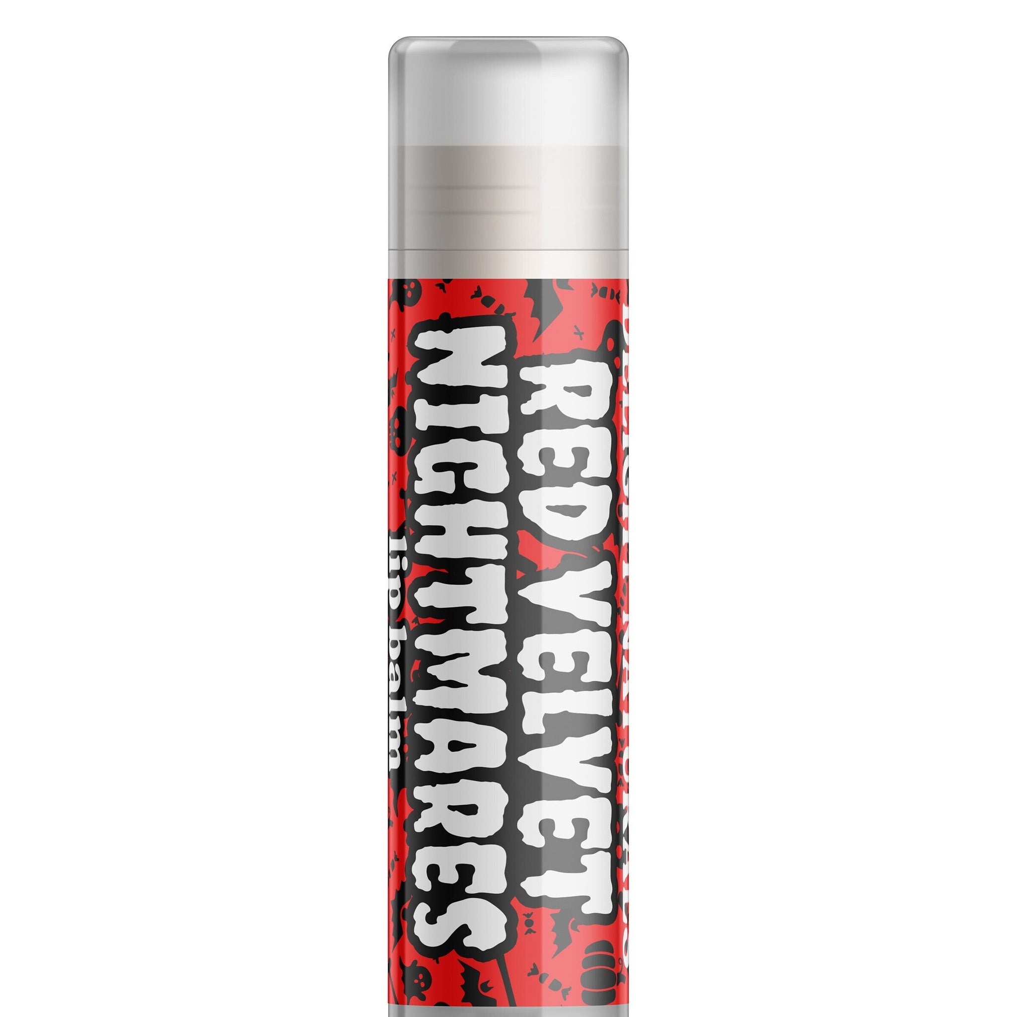 Lip balm tube with red and black pattern, white text, and clear cap Delight Naturals