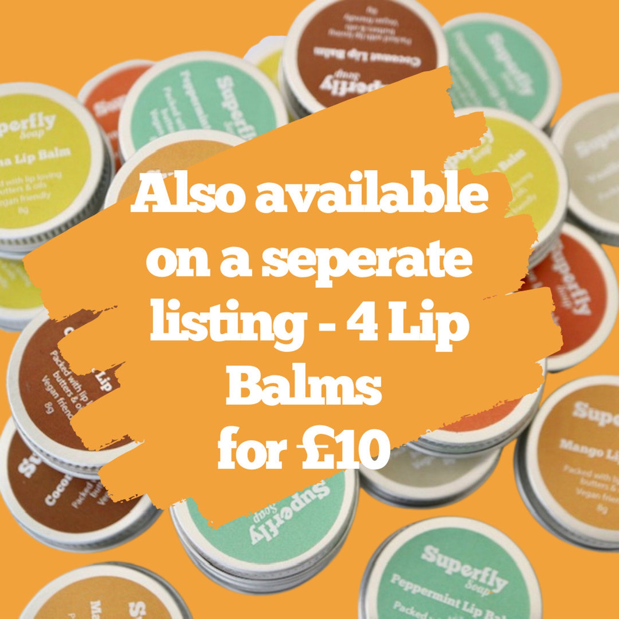 Lip balms in various colors and round metal tins, Superfly Soap branding visible on labels