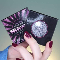 Side view of Chromalight pressed glitter eye shadow palette showcasing radiant shimmer and compact size
