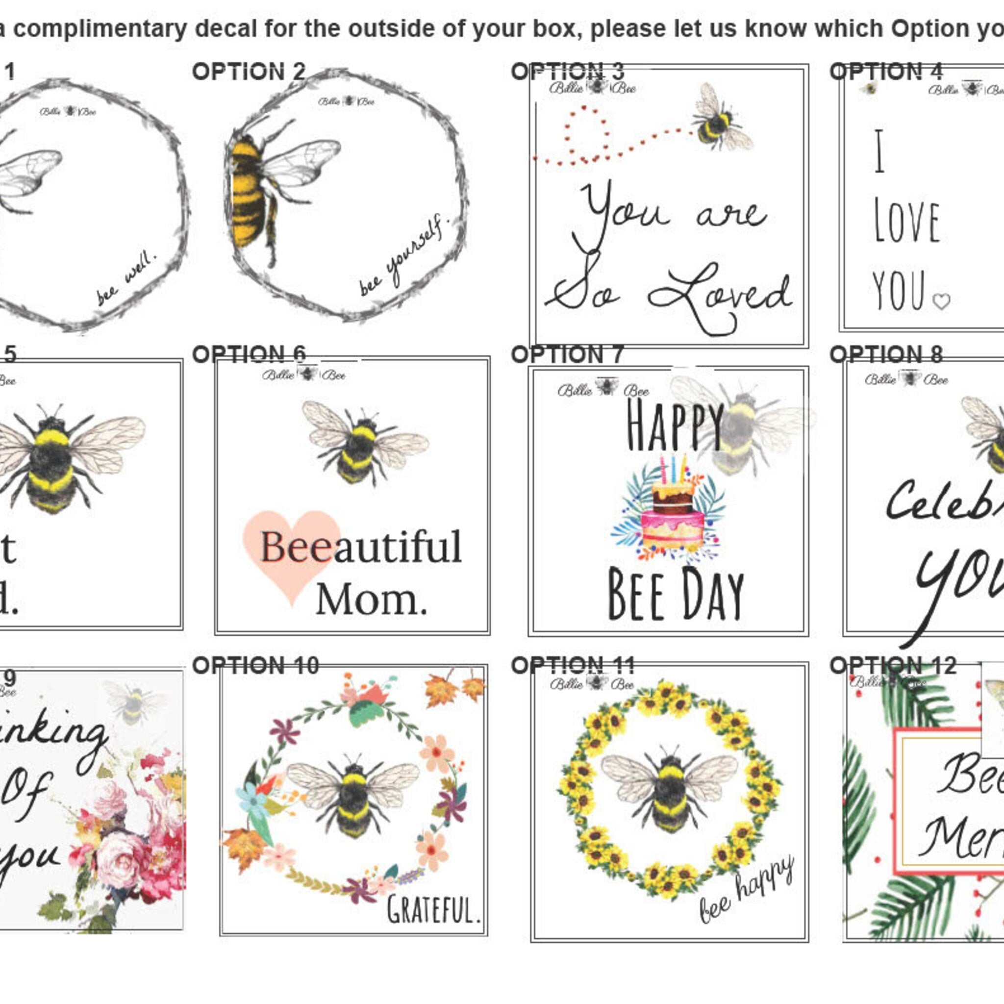 Decal options with bumblebees, floral, and text from Billie Bee Products