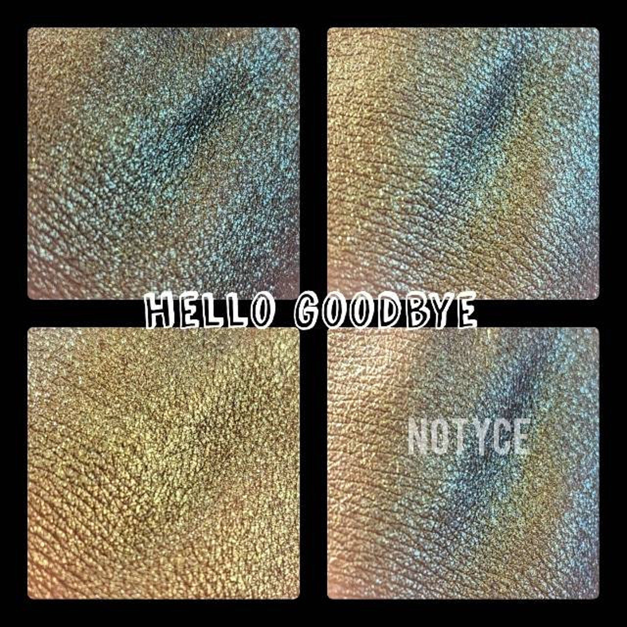 Close-up of fingertips applying hybrid trichrome chameleon eyeshadow with shimmering color shift effect on eyelid
