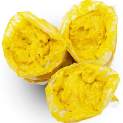 Yellow food product in clear plastic bags, showing texture and color