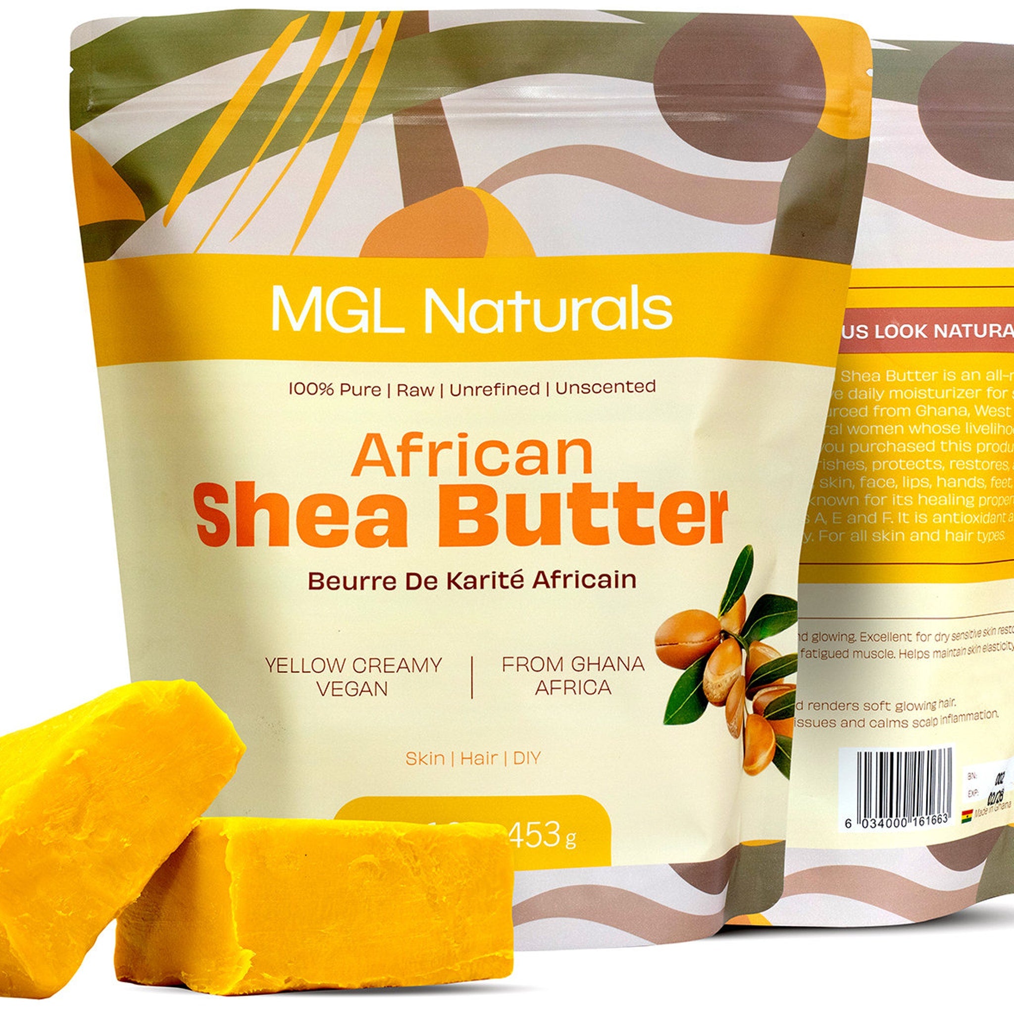 Shea butter in yellow and white packaging with MGL Naturals branding and shea butter blocks