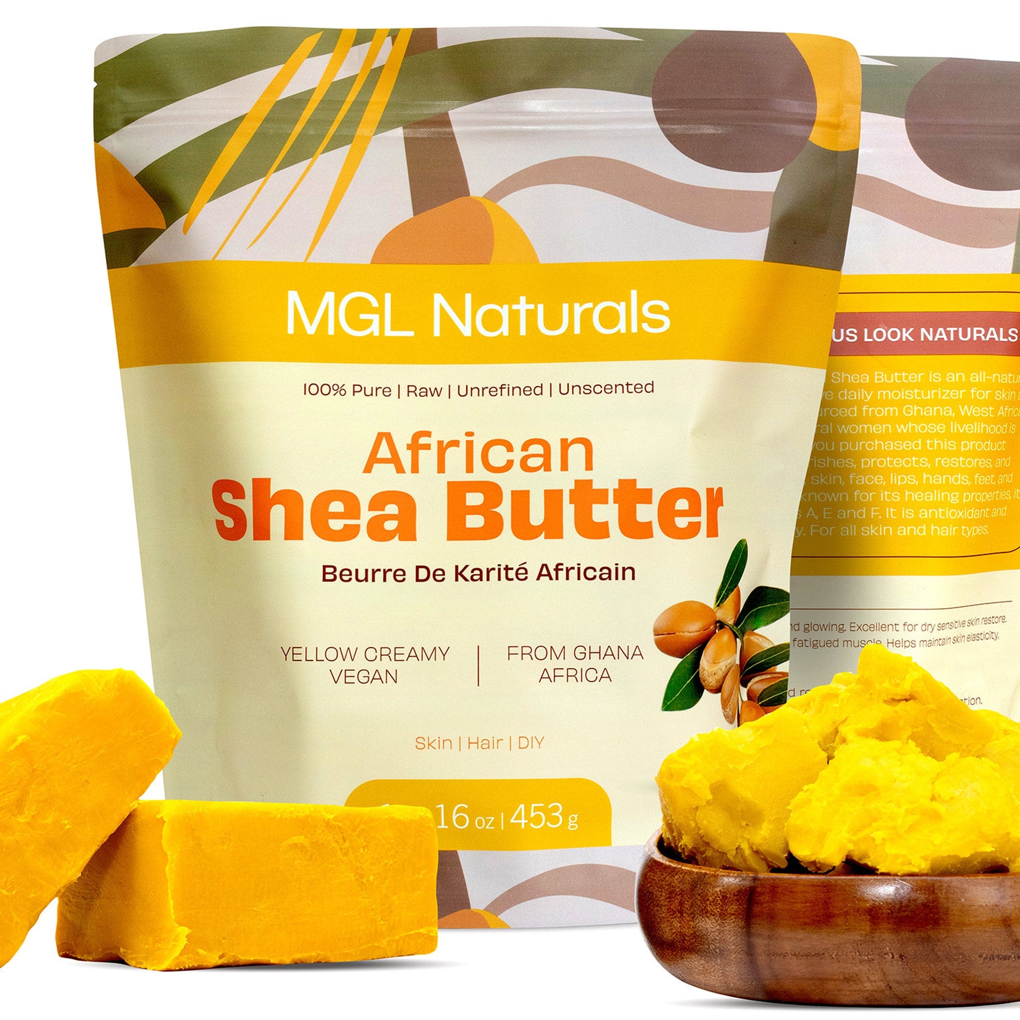 Raw African Shea Butter, yellow blocks and chunks, with MGL Naturals branding